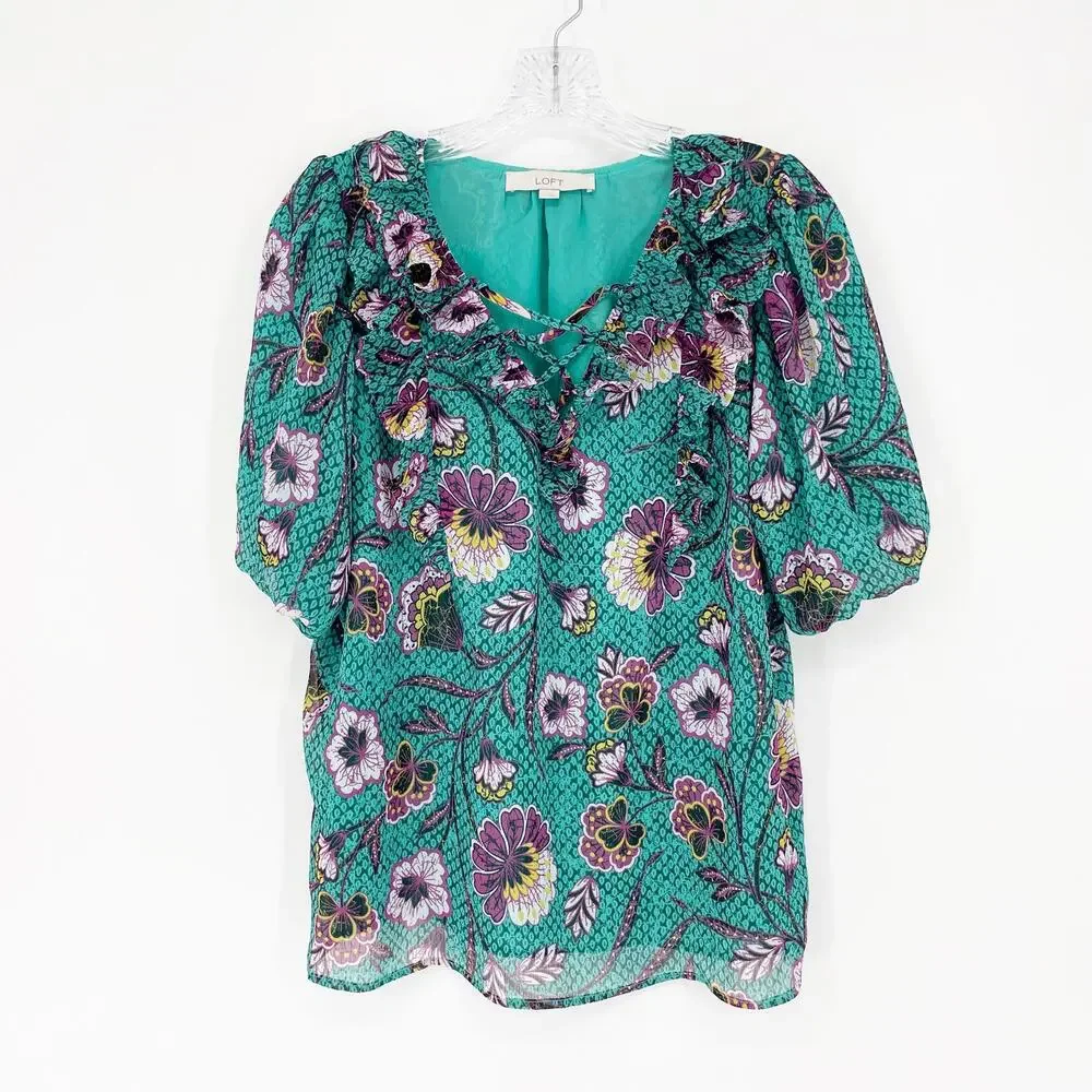 Loft Puff Sleeve Floral Top Size Medium